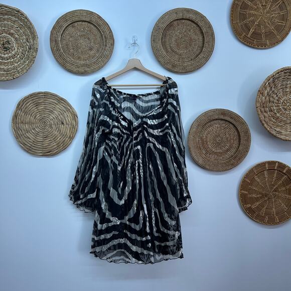 $268 Hale Bob Black White Animal Print Flare Boho Long Sleeve Mini Dress Small - Picture 2 of 9